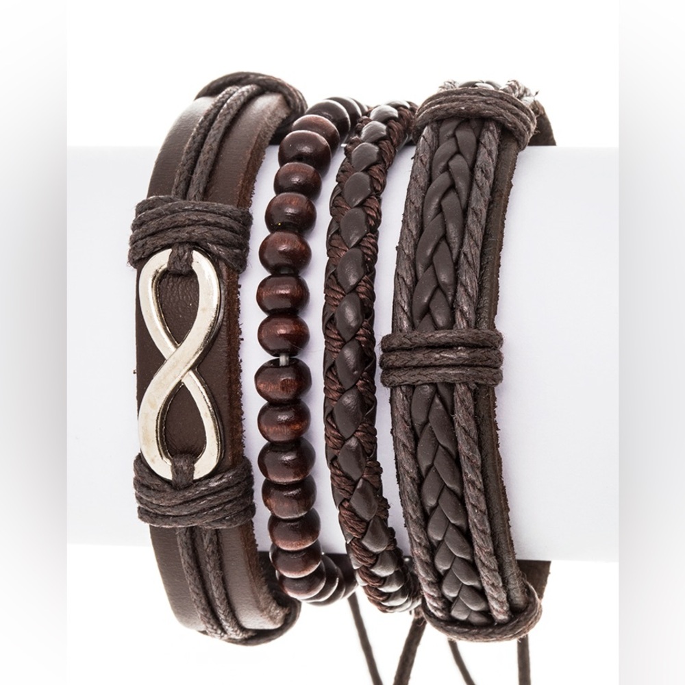 4 PC Brown Genuine Leather Guitar Bracelet Set